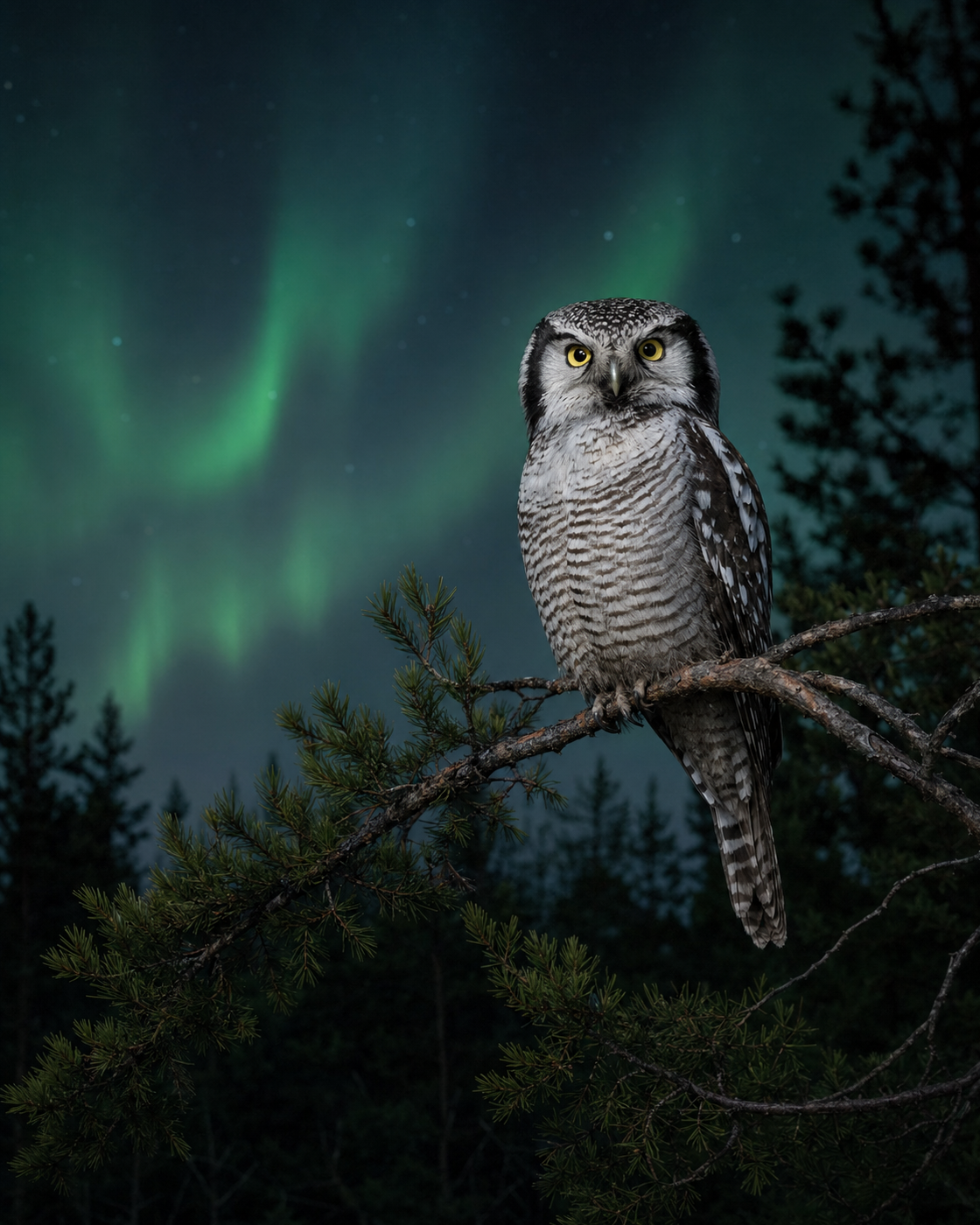 Northern hawk-owl perched beneath the northern lights